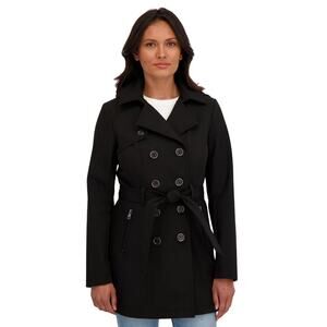 Sebby Collection Women Black Soft Shell Belted Double Breast Trench Coat Size L